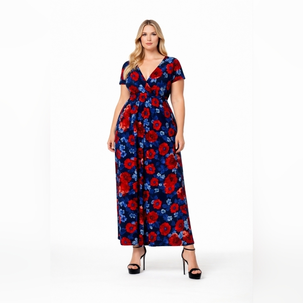 Roaman’s Plus Size 18/20 Floral Maxi Dress Navy Red Blue Rayon Short Sleeve.